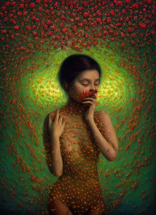 Prompt: hyper detailed 3d render like a Oil painting - Aurora (Singer) Eats of the Strangling Fruit of penance and Her Hands full of gossamer polyp blossoms bring iridescent fungal flowers whose spores black the foolish stars by Jacek Yerka, Mariusz Lewandowski, Houdini algorithmic generative render, Abstract brush strokes, Masterpiece, Edward Hopper and James Gilleard, Zdzislaw Beksinski, Mark Ryden, Wolfgang Lettl, hints of Yayoi Kasuma, octane render, 8k