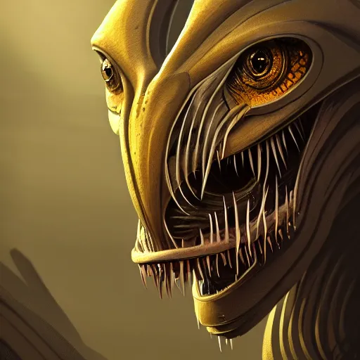 Image similar to professional concept art portrait of a predatory alien species on a depth of field background, by cam sykes. an intricate, elegant, highly detailed digital painting, concept art, smooth, sharp focus, illustration, in the style of syd mead.