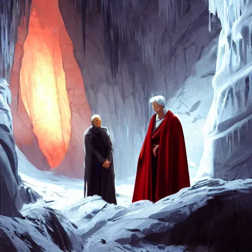 Image similar to dante alighieri and the poet virgil looking at the devil who is frozen in ice in a cavern 4 k, concept art, by wlop, ilya kuvshinov, artgerm, krenz cushart, greg rutkowski, pixiv. cinematic dramatic atmosphere, sharp focus, volumetric lighting, cinematic lighting, studio quality