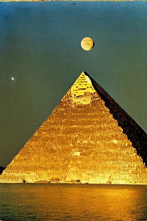 Prompt: a gold pyramid reflecting the moon, trogir golden hour 1 9 0 0 s photograph