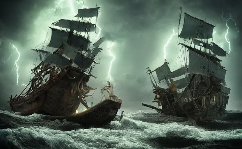 Image similar to “ a pirate ship in a treacherous lightning storm being attacked by a colossal seamonster, by igor morski, by peter morbacher, by robert hubert, rendered in octane, 8 k resolution, photorealistic, realistic shadows, trending on artstation ”