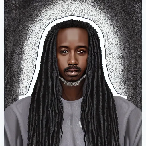 Image similar to a somali man with long curly hair, dressed in adidas clothing, intricate, elegant, highly detailed, centered, digital painting, smooth, cinematic