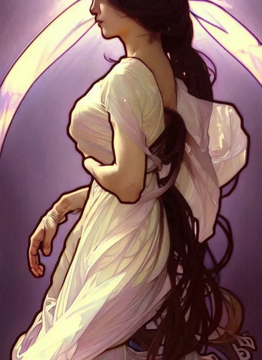 Image similar to digital character concept art by artgerm and greg rutkowski and alphonse mucha. clear portrait of a young wife blessed by god to uncontrollably become overwhelmingly perfect!! asian, fully clothed!!!, super feminine holy body!! light effect. hyper detailed, glowing lights!! intricate, elegant, digital painting, artstation, smooth, sharp focus