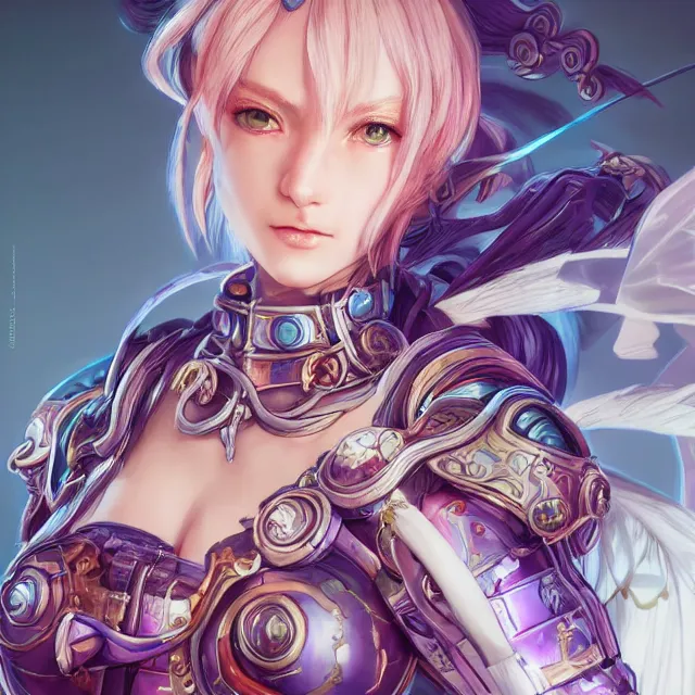 Image similar to studio portrait of lawful good colorful female holy mech paladin as absurdly beautiful, elegant, young sensual anime girl, ultrafine hyperrealistic detailed face illustration by kim jung gi, irakli nadar, intricate linework, sharp focus, bright colors, matte, octopath traveler, final fantasy, unreal engine highly rendered, global illumination, radiant light, intricate environment