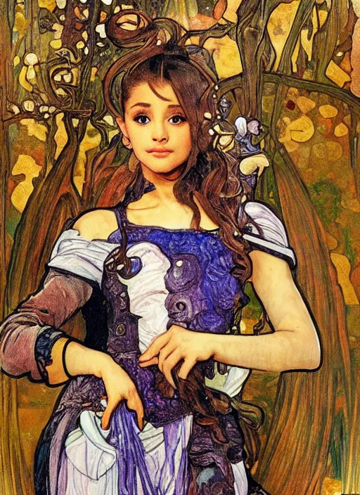 Prompt: ariana grande as a fantasy female knight figurine in a light armor, soft transitions, mixed media, in the art style of alphonse mucha and claude monet and gustav klimt