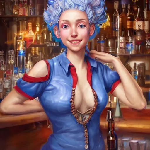 Image similar to an insanely detailed portrait of a smiling beautiful barmaid with short blue hair working at a rustic saloon, wearing red dress, highly detailed features, sparkling blue eyes, long eyelashes, in the style of peter mohrbacher, artgerm, dramatic lighting and composition, octane render, trending on artstation, concept art 8 k