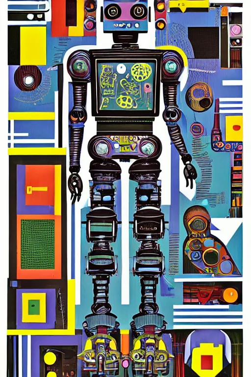 Image similar to a diagram of a robot body with various parts, cyberpunk art by eduardo paolozzi, behance contest winner, computer art, greeble, steampunk, poster art, james turrell, robert rauschenberg, andy warhol, pop art, czechoslovakia, surrealism, milton glaser, graphic design