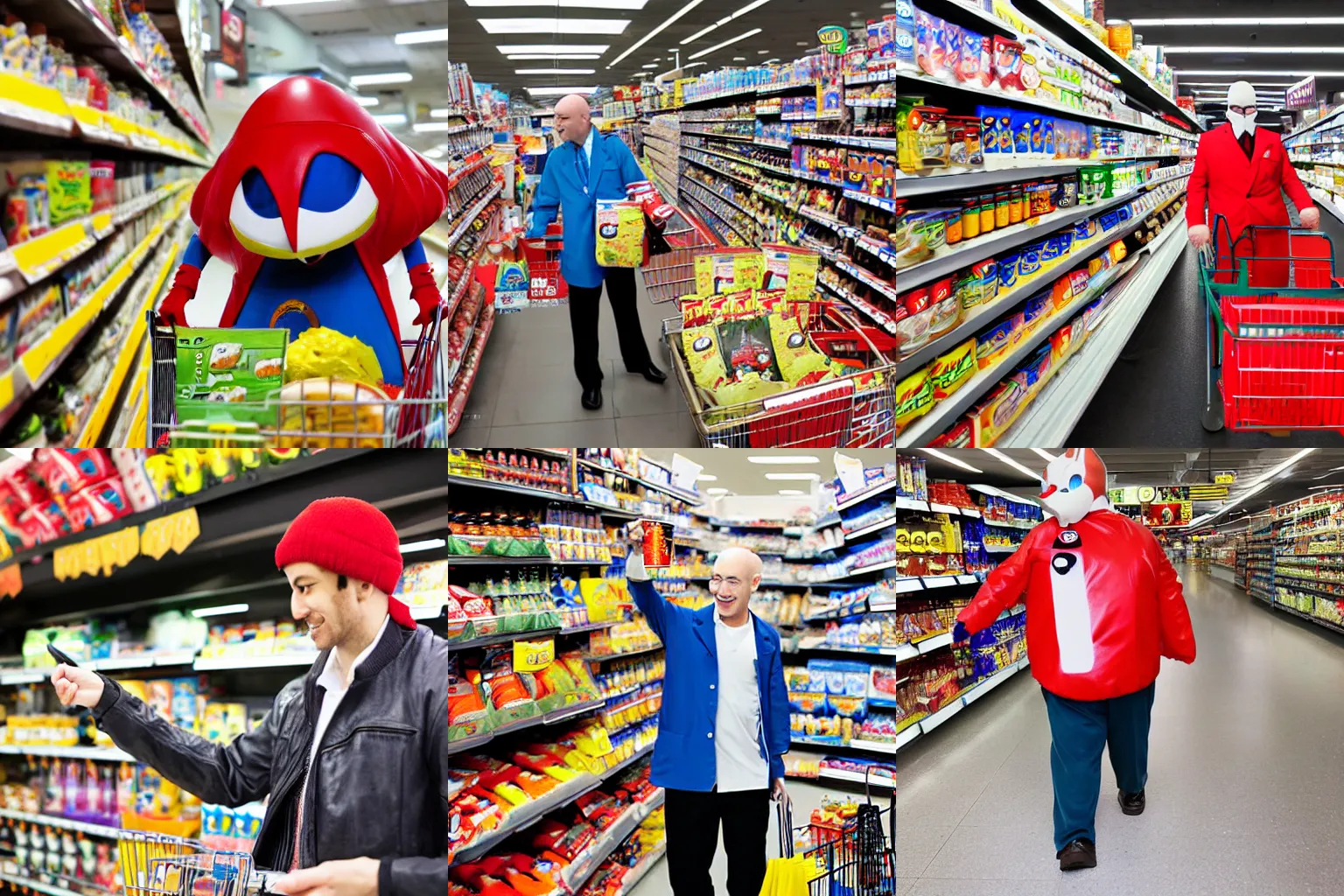 Prompt: Dr. Eggman cosplayer shopping for groceries, photograph