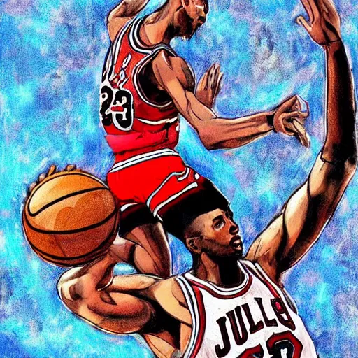 Prompt: digital painting of michael jordan dunking a basketball in space, by takehiko inoue and studio ghibli, highly detailed, science fiction, anime, ghost in the shell color scheme, masterpiece