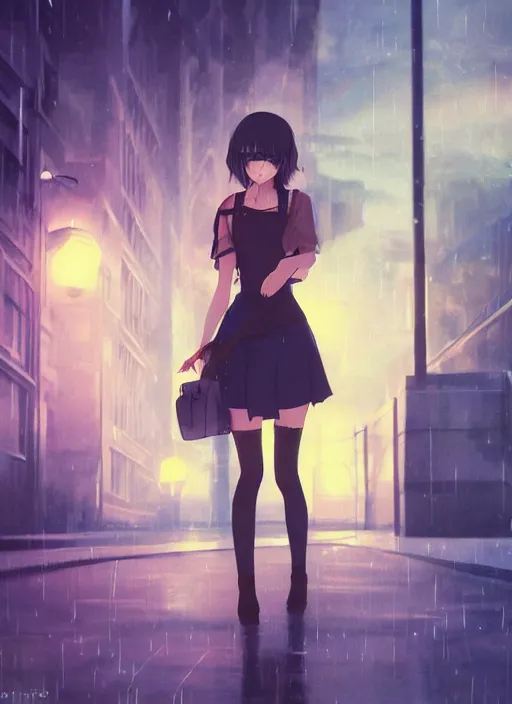 Prompt: listening to music at 2 am, pretty face, perfect body, pose, rain, lofi, lo - fi, peaceful, street light, anime key visual, poster, anime, by wlop, high quality, 4 k, trending, trending on artstation