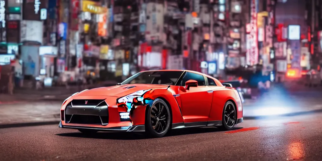 Image similar to NISSAN GT-R with blood vinyil in the middle of a road on the night Tokyo, blue color grading, cinematic color grading , unreal 5, hyperrealistic, realistic, photorealistic, dynamic lighting, highly detailed, cinematic landscape, studio landscape, studio lighting