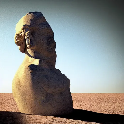 Prompt: giant marble statue hard sunk in the desert, digital art,