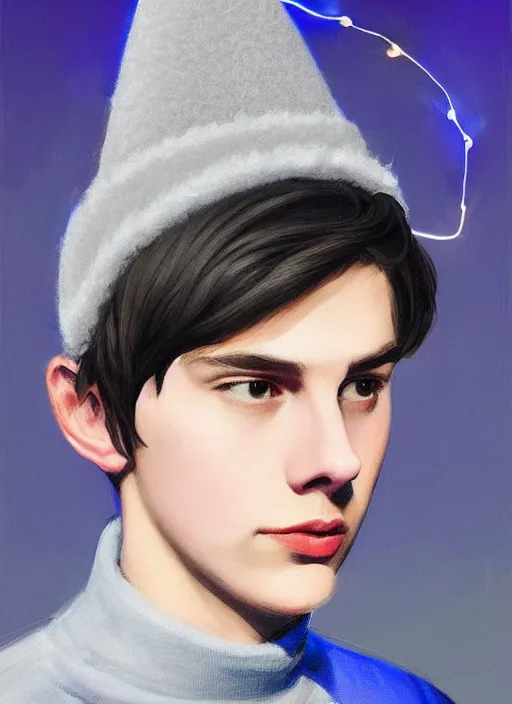 Image similar to portrait of teenage jughead jones wearing a light grey crown, crown, blue turtleneck, 1 9 5 0 s, closed eyes, photorealistic, black hair, glowing lighting, intricate, elegant, glowing lights, highly detailed, digital painting, artstation, concept art, smooth, sharp focus, illustration, art by wlop, mars ravelo and greg rutkowski