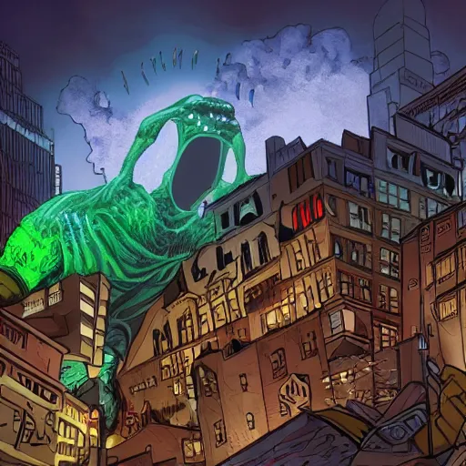 Prompt: giant cybertoad of death destroying a city