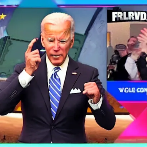 Prompt: Joe Biden loses a fortnite game, gets angry and throws his controller, breaks it