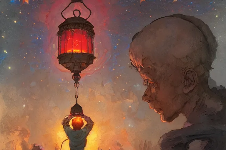 Image similar to a boy holding a lantern and looking at the stars through a dimensional window, by greg rutkowski and frank frazetta and peter mohrbacher and william blake and dan mumford