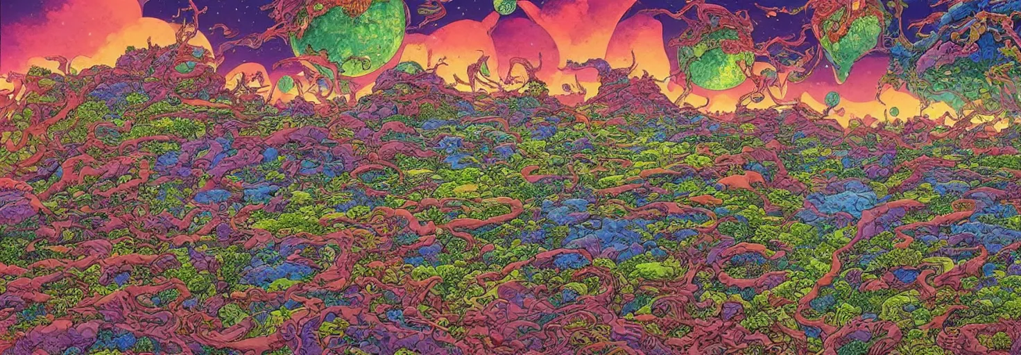 Image similar to beautiful landscape mural of an alien planet, lush landscape, vivid colors, intricate, highly detailed, masterful, fantasy world, in the style of moebius, akira toriyama, jean giraud