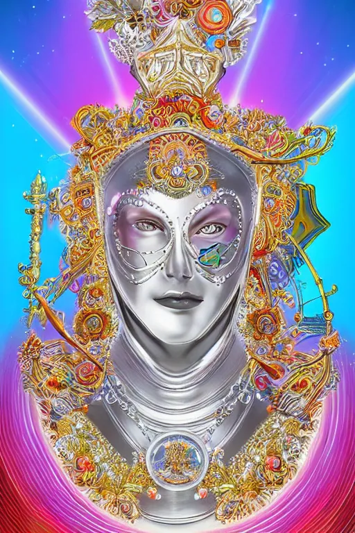 Image similar to pearlescent retrofuturistic digital airbrush illustration of a knight wearing an ornate chrome headpiece and holding a flower with a landscape and sky in the background by luigi patrignani