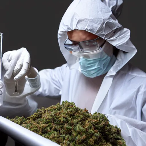 Prompt: Cannabis extraction in a white coat laboratory