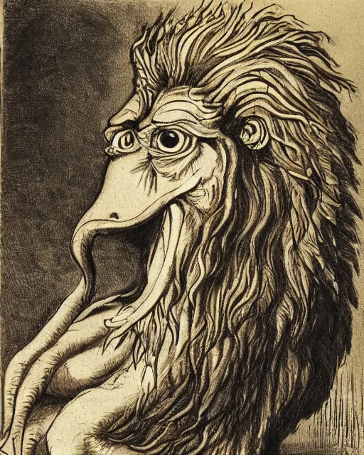 Image similar to a creature with the body and eyes of a man, with the beak of an eagle, the mane of a lion, and the horns of an ox. drawn by francis bacon