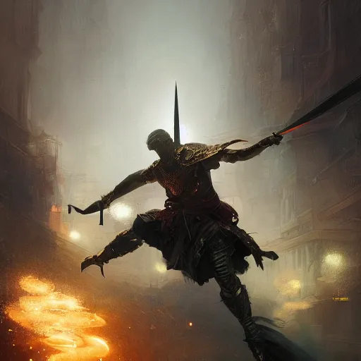 Image similar to a man tripping over a sword and falling, fantasy, digital painting, volumetric light, intricate, sharp, focus, bloom, illustration, highly detailed, concept art, matte, ruan jia, randy vargas, greg rutkowski