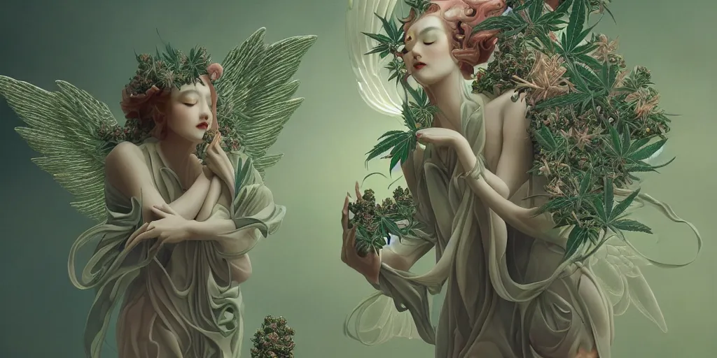 Prompt: breathtaking detailed concept art painting art deco angels in cannabis heaven amalgamation cannabis, by hsiao - ron cheng, bizarre compositions, exquisite detail, extremely moody lighting, 8 k