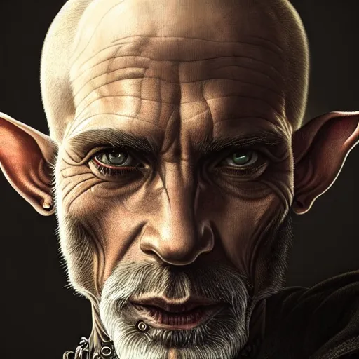 Prompt: portrait painting of older elf biker man badass, perfect face, ultra realistic, concept art, intricate details, eerie, highly detailed, photorealistic, octane render, 8 k, unreal engine. art by artgerm and greg rutkowski and magali villeneuve and alphonse mucha