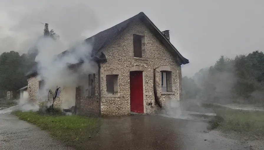 Prompt: mini dv camera footage of a heavy heavy burning french style little house, heavy rain, in a small northern french village, heavy grain, very low quality, high detail, dramatic light