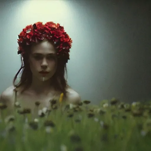 Prompt: movie still of the girl with the flowers head, cinematic composition, cinematic light, dream effect, dream atmosphere, by edgar wright and david lynch,