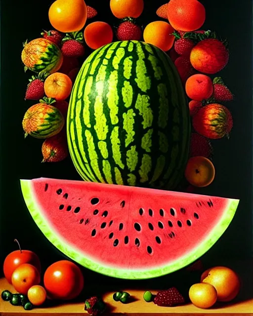 Image similar to interdimensional watermelon being made out of fruits, ethereal still life renaissance painting by giuseppe arcimboldo and alex grey
