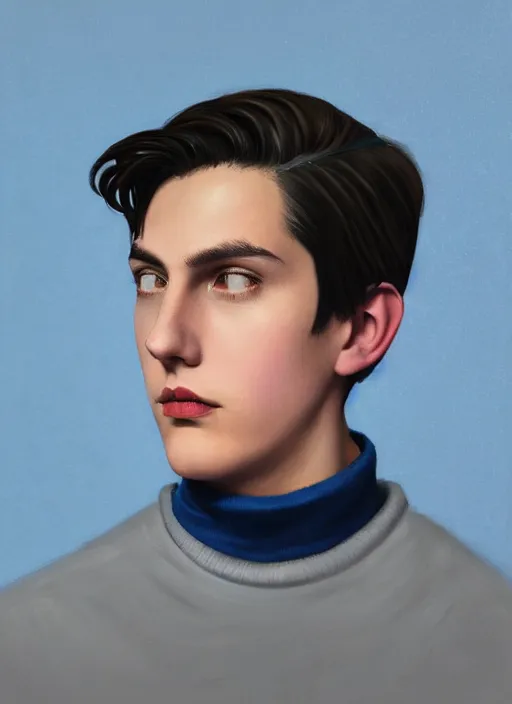 Image similar to portrait of teenage jughead jones wearing a light grey crown, crown, blue turtleneck, 1 9 5 0 s, closed eyes, photorealistic, black hair, glowing lighting, intricate, elegant, glowing lights, highly detailed, digital painting, artstation, concept art, smooth, sharp focus, illustration, art by wlop, mars ravelo and greg rutkowski