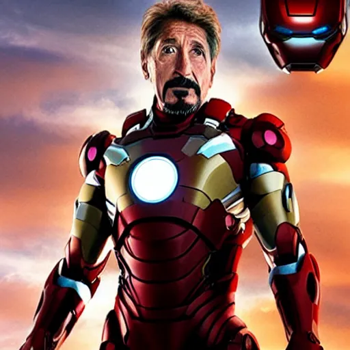 Prompt: John McAfee as IronMan, marvel studios, gray hair