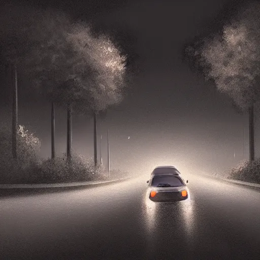 Prompt: lonely car in a small dimly lit road at night after rain that leads to a small cozy beach, desaturated, digital painting, beautiful, sharp, highly detailed, artstation, pixvy