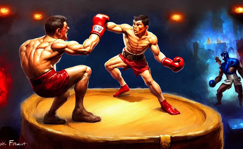 Image similar to a piece of toast boxing ; magic : the gathering fantasy concept art of a piece of toast that is a boxer, by frank frazetta and marco bucci, high resolution. boxing ring in the background, dramatic stadium lighting, fantasy coloring, intricate, digital painting, artstation, smooth, sharp focus