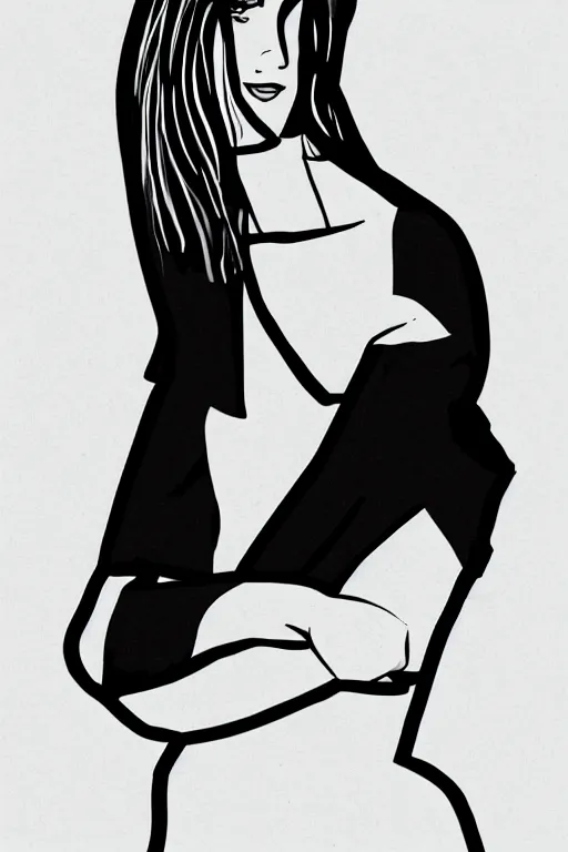 Image similar to portrait of a girl in long pants and a top, hands in pockets, eyes closed, bob haircut, digital art, black and white, simple, lineart