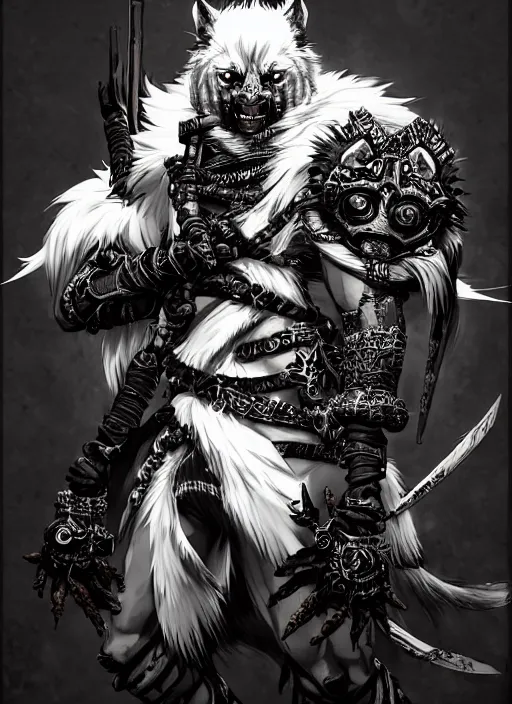 Image similar to Full body portrait of a scarred gnoll with white fur in ornate ninja garb. In style of Yoji Shinkawa and Hyung-tae Kim, trending on ArtStation, dark fantasy, great composition, concept art, highly detailed, dynamic pose.