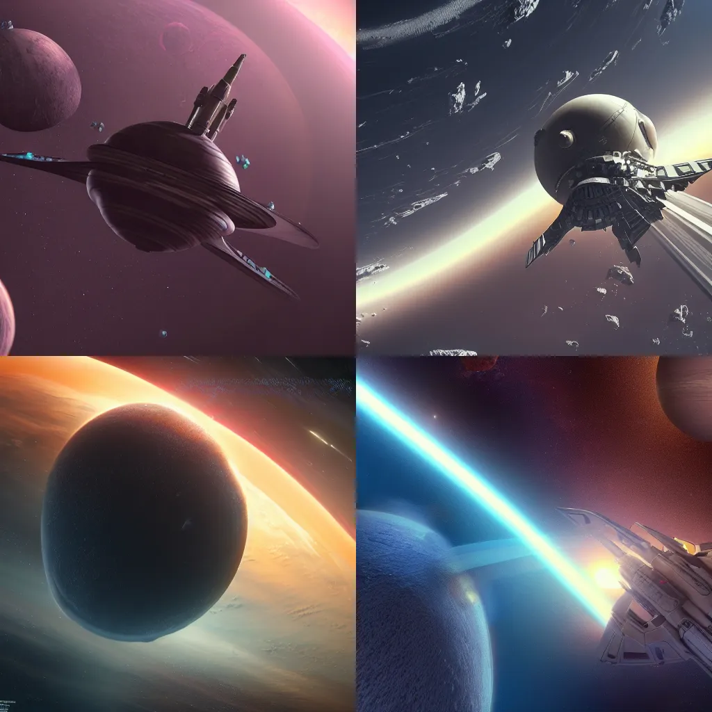 Prompt: a large battlecruiser space ship, orbiting a ringed planet, maximum detail, octane render, ArtStation