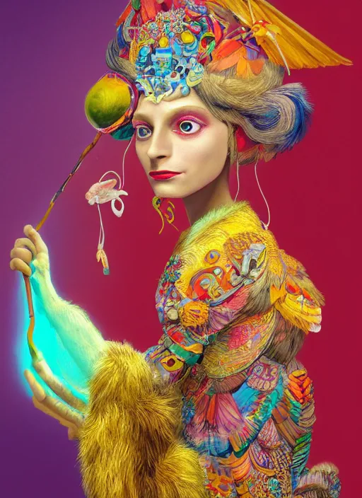 Image similar to an anthropomorphic beautiful goddess female wizard made of colourful bird portrait holding a staff wearing colourful robe, fine art, award winning, intricate, elegant, sharp focus, octane render, hyperrealistic, cinematic lighting, highly detailed, digital painting, 8 k concept art, art by jamie hewlett and z. w. gu, masterpiece, trending on artstation, 8 k