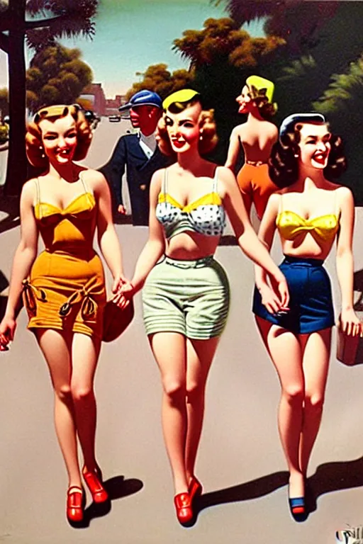 Prompt: 1940s group of pinup bikini girls walking down the street in 1940s Adelaide in Australia, oil painting, by Gil Elvgren