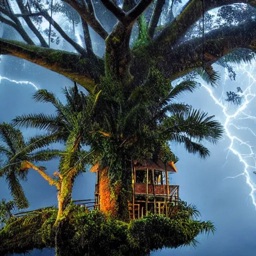 Image similar to detailed tropical island trees, rain, lightning treehouse. dramatic lighting.