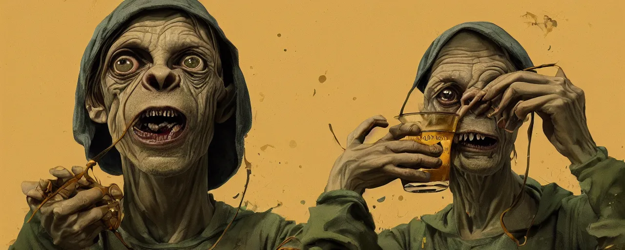 Prompt: duotone olive illustration 3 / 4 portrait of gollum drinking yerba mate from silver metal cup symmetrical composition accidental renaissance golden ratio. by sachin teng and sergey kolesov and ruan jia and heng z. graffiti art, scifi, fantasy, hyper detailed. octane render. concept art. trending on artstation