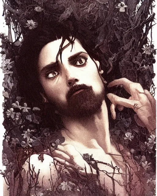 Prompt: a handsome but sinister and creepy man in layers of fear, with haunted eyes, violence in his eyes, tangled hair, 1 9 7 0 s, seventies, delicate embellishments, a little blood, woodland, moonlight shining on wildflowers, painterly, offset printing technique, by alexandre cabanel