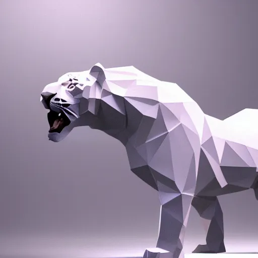 Prompt: a low - poly render of a white tiger in a dynamic action pose dwelling in the spirit realm, low poly 3 d, octane render, dramatic dreamlike lighting