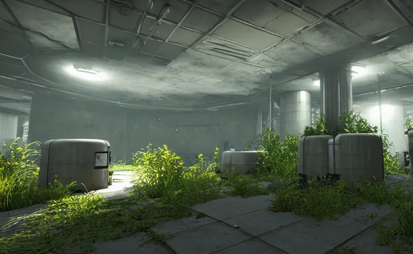 Prompt: in-game screenshot of a group of hazmat scientists on unreal engine 5, in a liminal underground garden, photorealistic, retrofuturism, brutalism, staggered terraces, minimalist, soft vintage glow