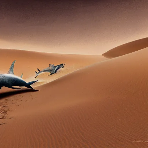 Image similar to a desert shark swimming through sand dunes, warm and cool colour palette, digital painting, intricate, highly detailed, smooth, sharp focus, artstation, art by lily abdullina and justin gerard,