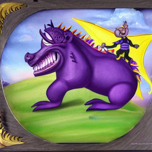 Image similar to super - detailed timon & pumba riding a purple dragon in a storm, ultrarealistic, highly detailed, soft colors