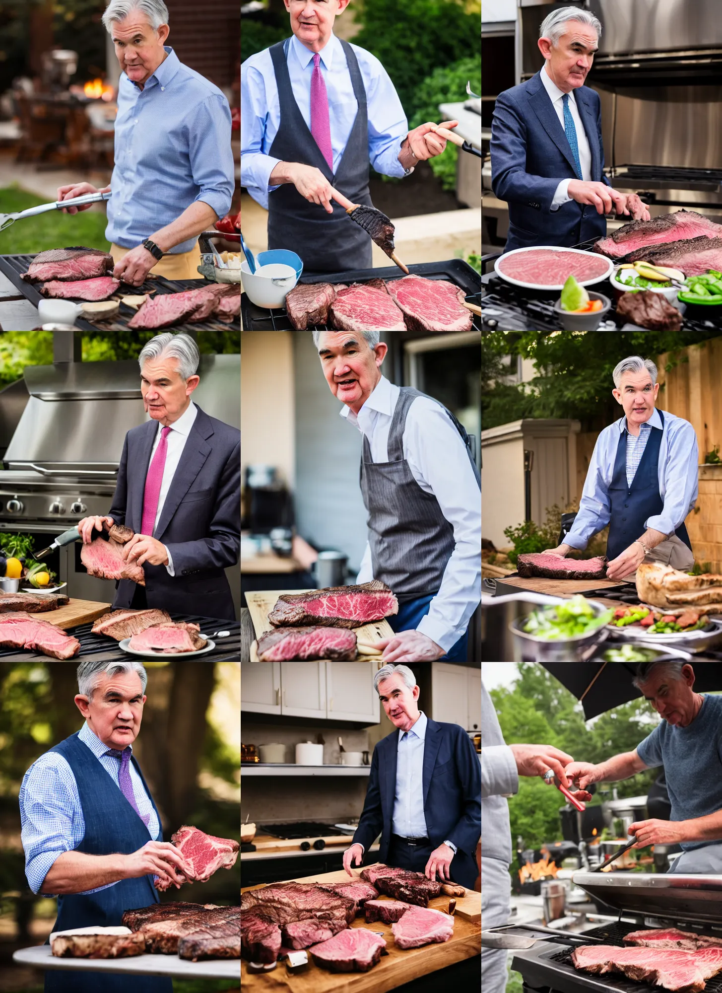 Prompt: dslr photo portrait still of jerome powell grilling steaks, 8 5 mm f 1. 8