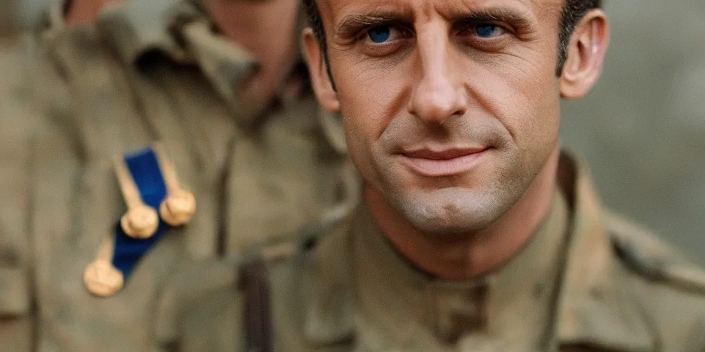 Prompt: cinestill of emmanuel macron as french army general circa 1 9 7 0, movie shot, medals, alone, portrait, close up, 5 5 mm lens