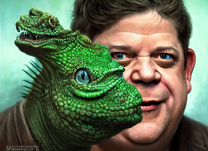 Image similar to patton oswalt with reptile eyes, blue and green skin. intricate, elegant, highly detailed, centered, digital painting, artstation, concept art, smooth, sharp focus, illustration, artgerm, tomasz alen kopera, peter mohrbacher, donato giancola, joseph christian leyendecker, wlop, frank frazetta