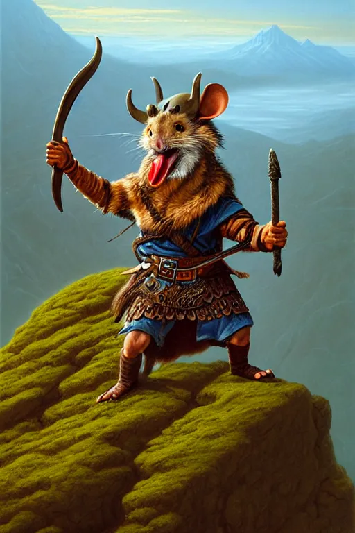 Prompt: classic oil painting, an anthropomorphic bipedal rat that is wearing a viking helmet, as a dnd character, on top of a mountain, cottagecore, highly detailed, digital illustration, concept art, smooth, sharp focus, art by tim hildebrandt, and greg hildebrandt
